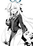  1girl above-cleavage_cutout animal_ears black_streaks blue_archive blue_halo blush breasts china_dress chinese_clothes clothing_cutout commentary_request covered_navel diamond_cutout dress frilled_skirt frills greyscale halo hand_up highres jacket kokona_(blue_archive) leg_up long_hair long_sleeves looking_at_viewer monochrome multicolored_hair open_clothes open_jacket open_mouth pelvic_curtain shoes simple_background skirt small_breasts smile socks solo spot_color standing standing_on_one_leg streaked_hair striped_clothes striped_dress subachi teeth thighs upper_teeth_only v vertical-striped_clothes vertical-striped_dress very_long_hair white_background 