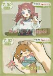  2girls :d ahoge blue_eyes blue_overalls blush_stickers bow brown_hair close-up closed_eyes commentary dot_nose gakuen_idolmaster green_background hair_rings hanami_saki hanami_ume highres holding idolmaster index_finger_raised light_blush long_hair long_sleeves looking_at_viewer mini_person minigirl multiple_girls multiple_views onigiri_(vuhz5735) overalls pink_shirt pointing pointing_at_viewer red_bow red_hair shirt siblings sisters smile standing straight-on tv_show untranslatable_commentary upper_body wavy_hair white_shirt 