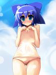  blue_eyes blue_hair blush cirno day one-piece_swimsuit ribbon shin_(new) short_hair sky solo swimsuit touhou 