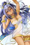 1girl animal_ears arm_up armpits bare_shoulders black_hair blue_nails blush bracelet breasts bridal_gauntlets cherry_blossoms cleavage closed_mouth commentary cowboy_shot dark-skinned_female dark_skin dress ear_covers fang gem gold_bracelet gold_necklace gold_thighlet gold_trim hair_between_eyes hanamura_pink high_ponytail highres hishi_amazon_(hungry_veil)_(umamusume) hishi_amazon_(umamusume) horse_ears horse_girl horse_tail jewelry large_breasts long_hair looking_at_viewer lying necklace nontraditional_wedding_dress official_alternate_costume on_back ponytail red_eyes simple_background skindentation smile solo tail thighlet thighs umamusume upper_body very_long_hair wedding_dress white_background white_bridal_gauntlets white_dress 