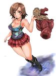  1girl armpits bare_shoulders boots bra breasts brown_hair cleavage jacket kazama_asuka large_breasts legs lingerie short_hair skirt solo tank_top tekken thick_thighs thighs underwear 