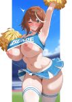  1girl amadeuslight arm_up armpits blue_panties blurry blurry_background blush border breasts brown_hair cheerleader commentary crop_top green_eyes highres holding holding_pom_poms large_breasts miniskirt multicolored_hair navel nipples one_eye_closed original panties pantyshot pillarboxed pom_pom_(cheerleading) short_hair skirt solo streaked_hair striped_clothes striped_panties thighhighs underwear white_border white_thighhighs 