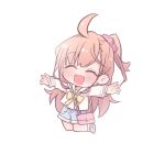  1girl :d ^_^ ahoge arms_up bag blue_shorts blush bow bowtie canyon_2019 closed_eyes commentary facing_viewer hair_ornament hair_scrunchie handbag highres ikizulive!_love_live!_bluebird jumping long_hair love_live! open_mouth outstretched_arms pink_bag pink_scrunchie sailor_collar sailor_shirt scrunchie shirt short_shorts shorts side_ponytail sidelocks simple_background smile solo spread_arms takahashi_polka untranslatable_commentary white_background white_sailor_collar white_shirt yellow_bow yellow_bowtie 