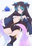  1girl :o absurdres animal_ears bare_shoulders black_hair black_leotard black_scarf black_thighhighs blue_eyes blue_hair blue_sleeves commentary_request detached_sleeves facial_mark forehead_mark frilled_sleeves frills grey_background highres horns leotard long_sleeves multicolored_hair nyaha original parted_lips scarf simple_background single_thighhigh solo streaked_hair tentacles thighhighs two_side_up 