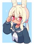  1girl animal_ear_fluff animal_ears blonde_hair blue_background blue_sailor_collar blue_shirt blush border breasts bunny-san_(naga_u) choker closed_mouth commentary_request cropped_torso glasses heart heart-shaped_pupils highres long_hair long_sleeves looking_at_viewer masurao_(sekaiju) naga_u neckerchief outside_border puffy_long_sleeves puffy_sleeves purple_choker purple_eyes rabbit_ears rabbit_girl red-framed_eyewear sailor_collar sailor_shirt sekaiju_no_meikyuu sekaiju_no_meikyuu_5 semi-rimless_eyewear shirt simple_background small_breasts smile solo symbol-shaped_pupils thick_eyebrows twintails under-rim_eyewear upper_body white_border white_neckerchief 