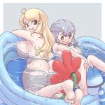  2girls ass bare_shoulders barefoot blonde_hair blue_eyes blush border breasts calenda_(kemono_friends) commentary_request completely_nude covering_privates gameplay_mechanics grey_eyes grey_hair hat hikari_(kemono_friends) kemono_friends kemono_friends_3 large_breasts long_hair looking_at_viewer lucky_beast_(kemono_friends) maki_(02uh14l1b740ao2) multiple_girls nude open_mouth outside_border partially_submerged short_hair simple_background wading_pool water wet white_border 