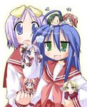  ahoge blonde_hair blue_eyes blue_hair chibi fang glasses green_eyes green_hair hiiragi_kagami hiiragi_tsukasa izumi_konata kobayakawa_yutaka kuroi_nanako lowres lucky_star minigirl mole mole_under_eye multiple_girls narumi_yui pink_hair pink_neckwear purple_hair ryouou_school_uniform school_uniform serafuku takara_miyuki yoshimizu_kagami 