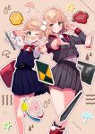  2girls :d ;d absurdres blonde_hair blue_dress blue_ribbon blunt_bangs blush bow bowtie braid buttons collared_shirt commentary_request cowlick crime_prevention_buzzer double-breasted drawing_tablet dress dual_persona foot_out_of_frame green_eyes grey_jacket grey_skirt grin hair_ornament hair_rings highres holding holding_stylus indie_virtual_youtuber jacket long_sleeves looking_at_viewer miniskirt multiple_girls neck_ribbon one_eye_closed open_mouth outline pinafore_dress pinstripe_pattern pleated_skirt pointing pointing_at_viewer pom_pom_(clothes) pom_pom_hair_ornament red_bow red_bowtie red_sailor_collar red_socks ribbon sailor_collar school_uniform shibashoma48 shigure_ui_(vtuber) shigure_ui_(young)_(vtuber) shirt shoes short_hair side_braid sketchbook skirt sleeveless sleeveless_dress smile socks spoken_blush standing standing_on_one_leg star_(symbol) striped_clothes striped_jacket striped_skirt stylus twintails uwabaki v v_over_eye vertical-striped_clothes vertical-striped_jacket vertical-striped_skirt virtual_youtuber white_outline white_shirt 