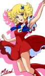  1970s_(style) 1girl absurdres armpits blonde_hair blue_eyes blue_ribbon boots bow brooch curly_hair dress drop_shadow flower flower_brooch footwear_flower frilled_dress frilled_sleeves frills hair_ornament hairclip hana_no_ko_lunlun highres jewelry looking_at_viewer lunlun_(hana_no_ko_lunlun) magical_girl masaaki_endo red_boots red_dress retro_artstyle ribbon short_hair short_sleeves signature smile solo white_background 