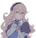  1girl :3 black_hairband blonde_hair blue_sash breasts brown_hair closed_mouth commentary english_commentary female_corrin_(fire_emblem) fire_emblem fire_emblem_fates hair_between_eyes hairband herdwicoco highres long_hair looking_at_viewer medium_breasts pointy_ears red_eyes sash smile solo upper_body white_background 