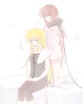  2girls absurdres blonde_hair brown_hair closed_eyes collarbone commentary_request couple fate_testarossa hair_dryer highres holding holding_hair_dryer huffing long_hair lyrical_nanoha mahou_shoujo_lyrical_nanoha multiple_girls purple_eyes shiyoi sigh simple_background takamachi_nanoha towel very_long_hair white_background yuri 