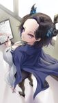  1girl ando_raymond black_hair black_pantyhose black_scarf black_shoes black_skirt blue_hair blue_jacket breasts cleavage clipboard closed_mouth collared_shirt colored_inner_hair commentary forehead high_heels highres holding holding_clipboard hololive hololive_english indoors jacket jacket_on_shoulders large_breasts looking_at_viewer miniskirt mole mole_under_eye multicolored_hair nerissa_ravencroft nerissa_ravencroft_(casual) office_lady official_alternate_costume official_alternate_hairstyle pantyhose purple_eyes scarf shirt shoes short_hair skirt smile solo standing virtual_youtuber white_shirt 