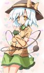  cowboy_shot green_skirt hat jacket komeiji_koishi long_sleeves looking_at_viewer maiku short_hair silver_hair skirt solo standing string third_eye touhou yellow_eyes yellow_jacket 