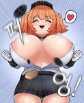  1girl absurdres areola_slip belt_pouch black_shorts breasts cerberus_(last_origin) cjrb1228 closed_eyes collared_shirt commentary_request covered_nipples emphasis_lines exploding_clothes gloves heart highres huge_breasts korean_commentary korean_text last_origin long_sleeves motion_blur orange_hair popped_button pouch shirt short_hair short_shorts shorts solo spoken_heart translation_request two_side_up 
