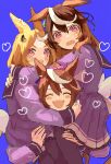  3girls :d animal_ear_piercing animal_ears blue_background blush blush_stickers bob_cut bow brown_hair carrying carrying_person commentary_request dot_nose drawn_heart ear_ornament earrings ears_down hair_between_eyes highres horse_ears horse_girl horse_tail jewelry jupo_(nnmn_7737) long_sleeves medium_hair multicolored_hair multiple_girls parted_bangs pink_eyes pleated_skirt ponytail purple_sailor_collar purple_serafuku purple_skirt purple_thighhighs sailor_collar school_uniform serafuku single_earring single_hair_streak sitting_on_shoulder skirt smile streaked_hair sweatdrop symboli_rudolf_(umamusume) tail tail_bow tail_ornament teeth thighhighs tokai_teio_(umamusume) tracen_school_uniform tsurumaru_tsuyoshi_(umamusume) umamusume upper_teeth_only white_bow white_streaks winter_uniform 
