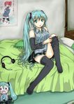  :o adjusting_clothes adjusting_legwear aqua_eyes aqua_hair aqua_nails bad_id bad_pixiv_id bed bed_sheet cameo crossover detached_sleeves dressing hachune_miku hatsune_miku kasane_teto long_hair miniskirt nail_polish open_mouth pleated_skirt poster_(object) room sitting skirt solo squama thighhighs twintails utau vocaloid 