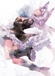 1girl animal_ears aqua_bow aqua_socks black_boots black_dress black_jacket black_skirt black_sleeves boots bow bowtie coat commentary_request dress ear_bow ear_ribbon expressionless frilled_coat frilled_dress frilled_jacket frills grey_socks hands_on_own_chest highres horse_ears horse_girl horse_tail horseshoe jacket kneehighs lace-up_boots long_hair long_sleeves mejiro_mcqueen_(frontline_elegance)_(umamusume) mejiro_mcqueen_(umamusume) mizutsuki_arika pleated_skirt purple_eyes purple_hair revision shoe_soles skirt socks solo tail umamusume 
