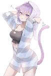  1girl :3 ahoge animal_ears black_camisole breasts camisole cat_cutout cat_ears cat_girl cat_tail cleavage cleavage_cutout closed_mouth clothing_cutout commentary_request crop_top crossed_bangs double-parted_bangs eighth_note hair_between_eyes highres hololive looking_at_viewer musical_note navel nekomata_okayu nekomata_okayu_(membership) no_pants official_alternate_costume partially_unbuttoned purple_eyes purple_hair shirt short_hair simple_background solo striped_clothes striped_shirt tail torokko virtual_youtuber white_background white_shirt 