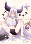  1girl absurdres ahoge azki_(4th_costume)_(hololive) azki_(hololive) bare_arms barefoot black_horns black_shorts braid braided_bangs breasts camisole cleavage commentary_request crow_(la+_darknesss) demon_horns double-parted_bangs food food_in_mouth grey_hair hand_fan highres holding holding_fan hololive horns jape_(ja_pehhhh) knees_up la+_darknesss long_hair looking_at_viewer midriff mouth_hold multicolored_hair navel pointy_ears popsicle popsicle_in_mouth purple_streaks short_shorts shorts simple_background single_hair_streak sitting slit_pupils small_breasts solo strap_slip streaked_hair striped_horns sweat tail toes very_long_hair virtual_youtuber white_background yellow_eyes 