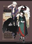  1boy 1girl black_cape black_hat black_necktie black_pants black_shoes bow bracelet brown_background building cake cake_slice cape collared_shirt commentary_request english_text eyewear_strap floral_print floral_print_shirt food full_body gloves green_shirt green_skirt hand_in_pocket hand_on_own_head hat hat_bow jewelry long_skirt looking_at_viewer multiple_bracelets nakataro_(4ka7ka) neck_tattoo neckerchief necktie pants partially_unbuttoned pavia_(reverse:1999) pink-tinted_eyewear print_shirt purple_shirt red_eyes reverse:1999 semmelweis_(reverse:1999) shirt shoes short_hair short_sleeves skirt standing sunglasses tattoo tinted_eyewear tricorne undone_necktie white_bow white_gloves white_hair white_neckerchief wolf 