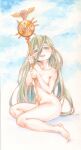  1girl barefoot blonde_hair breasts commentary_request completely_nude full_body hair_between_eyes highres holding holding_staff long_hair medium_breasts navel nude original painting_(medium) sato_(osappun) sitting solo staff traditional_media very_long_hair watercolor_(medium) 