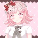  1girl absurdres alternate_costume alternate_hair_ornament black_bow black_bowtie blush bow bowtie breasts collared_shirt commentary_request danganronpa_(series) danganronpa_2:_goodbye_despair flipped_hair hair_bow hair_ornament heart heart_hair_ornament highres lovecuteribbon medium_breasts nanami_chiaki outline pink_background pink_eyes red_bow shiny_skin shirt short_sleeves smile solo white_outline white_shirt 