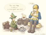  2boys absurdres bag blonde_hair boots bowl brown_bag brown_boots brown_eyes brown_hair closed_mouth commentary_request crossover cup drinking english_text green_hat hands_up hat highres holding holding_bowl holding_cup holding_ladle jumpsuit ladle long_sleeves male_focus moomin multiple_boys narusawa_byakuya pokemon pokemon_(creature) pokemon_legends:_arceus sitting snufkin speech_bubble thought_bubble togepi unworn_bag volo_(pokemon) 