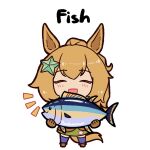  1girl animal_ears bandeau blonde_hair brown_gloves closed_eyes fish gloves green_bandeau green_skirt hair_ornament highres horse_ears horse_girl horse_tail manhattan_cafe_holding_a_fish_(meme) meme pandamonium_(pandamon00) ponytail simple_background skirt solo star_(symbol) star_hair_ornament taiki_shuttle_(umamusume) taiki_shuttle_(wild_frontier)_(umamusume) tail umamusume 