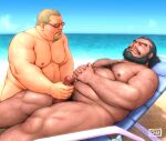  2boys alec_(gundam) arm_hair bara beach beard belly black_hair blonde_hair censored chair chest_hair closed_eyes closed_mouth commentary_request completely_nude connected_beard facial_hair fat fat_man gundam gundam_unicorn handjob hands_on_own_stomach horizon leg_hair lounge_chair male_focus male_pubic_hair mosaic_censoring multiple_boys mustache navel_hair nipples nude ocean od_(odn_ya_2) outdoors pectorals penis pubic_hair short_hair sky suberoa_zinnerman testicles thick_thighs thighs tinted_eyewear variant_set yaoi 