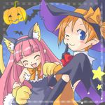  animal_ears bat cat_ears cat_paws cat_tail demon_girl disgaea halloween jack-o'-lantern karina long_hair lowres mage_(disgaea) magic_knight_(disgaea) multiple_girls one_eye_closed orange_hair paws pink_hair pointy_ears pumpkin ribbon short_hair star tail 