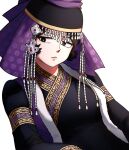  1girl black_hair black_hat chudoll_917 commentary_request hat highres hijab iranian_clothes jewelry korean_commentary long_sleeves looking_to_the_side purple_hijab solo tenmaku_no_jaadugar toregene_(tenmaku_no_jaadugar) upper_body white_background 
