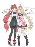  >_< 2girls alice_thymefield alice_thymefield_(cosplay) animal_ears asymmetrical_legwear black_boots black_sailor_collar blonde_hair blush boots braid cardigan closed_eyes collared_shirt commentary_request cosplay costume_switch flying_sweatdrops green_eyes hair_color_switch highres long_hair long_sleeves low_twintails multiple_girls o3o open_mouth pantyhose pink_cardigan rabbit_ears rabbit_girl red_hair sailor_collar shirt shirt_tucked_in simple_background single_sock single_thighhigh skirt socks striped_clothes striped_thighhighs thigh_strap thighhighs translation_request twin_braids twintails ukinami_yuzuha ukinami_yuzuha_(cosplay) uneven_legwear uuaat7 very_long_hair white_background white_shirt zenless_zone_zero 