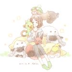  1girl :t blush brown_hair cardigan closed_eyes closed_mouth commentary_request dated gloria_(pokemon) green_hat green_socks grey_cardigan grookey hat highres hood hood_down hooded_cardigan leggings narusawa_byakuya nickit pokemon pokemon_(creature) pokemon_sword_and_shield short_hair signature sitting skwovet smile socks tam_o'_shanter wooloo yamper 