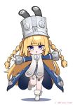  1girl :o absurdres blonde_hair blue_jacket blush commentary full_body garter_straps gloves grey_hat grey_helmet hat helmet highres jacket large_hat leg_up long_hair looking_at_viewer norma_hollowell open_mouth purple_eyes shako_cap simple_background solo t-pose thighhighs twitter_username very_long_hair white_background white_garter_straps white_gloves white_thighhighs yume_tiem zenless_zone_zero 
