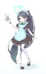  1girl absurdly_long_hair absurdres alternate_costume apron aqua_halo aqua_ribbon aris_(blue_archive) aris_(maid)_(blue_archive) black_dress black_shoes black_wrist_cuffs blue_archive blue_eyes blue_hair blush borrowed_clothes commentary_request cup dress dress_shoes drink expressionless frilled_apron frills full_body gradient_hair gradient_halo green_halo hair_behind_ear halo highres holding holding_cup holding_drink holding_plate long_hair looking_at_viewer maid maid_apron maid_headdress multicolored_hair multicolored_halo number_print official_alternate_costume open_mouth outstretched_arm plate ponytail puffy_short_sleeves puffy_sleeves rectangular_halo ribbon sepia_(kilikasumi) shadow shoes short_sleeves simple_background solo standing standing_on_one_leg thighhighs very_long_hair white_apron white_background white_thighhighs wrist_cuffs 
