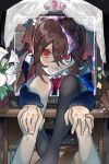  1girl 1other ahoge asymmetrical_legwear black_cardigan black_socks black_thighhighs bow bowtie broken_heart broken_heart_hair_ornament brown_hair cardigan closed_mouth collared_shirt commentary crown dvd_player english_commentary evil_neuro-sama evil_neuro-sama_(1st_costume) flower flower_pot grin hair_between_eyes hair_ornament hair_ribbon heart heart_hair_ornament highres holding_hands long_hair long_sleeves looking_at_viewer no_shoes off-shoulder_cardigan pvx4hzskla2ne8 red_bow red_bowtie red_eyes red_ribbon ribbon shirt single_sock single_thighhigh skull_hair_ornament smile socks television thighhighs through_medium through_screen two_side_up uneven_legwear vedal_ai veil virtual_youtuber white_crown white_flower white_shirt white_veil 