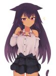  1girl absurdres black_bow black_skirt blush bow collared_shirt commentary_request dark-skinned_female dark_skin detached_sleeves dress_shirt grey_shirt grey_sleeves hair_between_eyes hand_up highres layered_skirt long_hair long_sleeves multicolored_hair notice_lines nyaha original purple_hair red_eyes shirt simple_background skirt sleeveless sleeveless_shirt solo streaked_hair tail very_long_hair white_background 