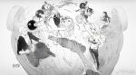  2girls 6+boys ^_^ antlers arm_tattoo bikini bikini_top_only brook_(one_piece) chinese_commentary closed_eyes commentary_request confetti cross cup facial_hair franky_(one_piece) goatee greyscale higga holding holding_cup holding_instrument holding_violin horns instrument japanese_clothes jinbe_(one_piece) kimono long_hair monkey_d._luffy monochrome multiple_boys multiple_girls nami_(one_piece) nico_robin one_piece open_mouth pov reindeer_antlers roronoa_zoro sanji_(one_piece) sitting smile straw_hat_pirates swimsuit tattoo tony_tony_chopper usopp violin weibo_username 