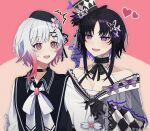  2girls artist_name bare_shoulders beret black_choker black_coat black_gloves black_hair black_hat black_kimono bow butterfly_hair_ornament butterfly_hat_ornament checkered_sleeves choker coat collared_coat commentary_request flower flower-trimmed_sleeves furisode gloves gradient_hair hair_flower hair_ornament hat hat_flower hat_ornament hat_ribbon housho_margo japanese_clothes kimono lolita_fashion long_sleeves looking_at_another mahou_shoujo_no_majo_saiban mini_hat mini_top_hat multicolored_hair multiple_girls neck_ribbon off_shoulder open_mouth parted_bangs pink_eyes pink_hair puffy_sleeves purple_eyes ribbon sakuraba_ema shirt short_hair signature sleeveless sleeveless_coat smile top_hat twitter_username wa_lolita white_flower white_hair white_ribbon white_shirt white_sleeves wide_sleeves x_hair_ornament yuichirou_(u1rou_desu) 