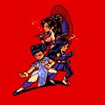  3girls boots bracelet byronb chinese_clothes chun-li commentary double_bun english_commentary fatal_fury fighting_stance final_fantasy final_fantasy_vii final_fantasy_vii_remake flats hair_bun hair_ribbon high_ponytail highres jewelry miniskirt motoyui multiple_girls oil-paper_umbrella ponytail red_boots ribbon shiranui_mai skirt street_fighter street_fighter_6 suspender_skirt suspenders tifa_lockhart umbrella yellow_ribbon 