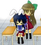  :x animal_ears bad_id bad_pixiv_id black_eyes blue_hair bow brown_hair bunny_ears chair chibi desk kanon kawasumi_mai kurata_sayuri long_hair multiple_girls red_skirt saitou_takana school_uniform skirt 