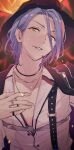  1boy ariadne_(ensemble_stars!) black_hat black_jacket blue_hair chest_strap earrings ensemble_stars! hair_between_eyes hand_on_own_chest hat headset highres himeru_(ensemble_stars!) iroha_(nakaba0912) jacket jacket_on_shoulders jewelry light_smile long_hair_between_eyes looking_at_viewer male_focus multiple_rings necklace official_alternate_costume parted_lips pectoral_cleavage pectorals ring shirt short_hair shoulder_strap solo sweat upper_body very_sweaty white_shirt yellow_eyes 
