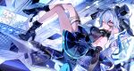 1girl absurdres annotated bare_legs billboard black_gloves black_hat blue_boots blue_bow blue_hair blue_leotard boots bow breasts breasts_apart broken_glass building business_card character_name chinese_commentary city commentary condenser_unit elbow_gloves eye_mask floating floating_object from_side full_body glass gloves glowing glowing_eyes gold_thighlet hair_between_eyes hair_intakes half_eye_mask hat hat_bow heart heart-shaped_pupils high_heel_boots high_heels highres jewelry kanami_(strinova) large_breasts leotard looking_at_viewer looking_to_the_side mask midair mini_hat mini_top_hat one_eye_closed ponytail poxiao_buff purple_eyes rooftop skyscraper smile solo strinova symbol-shaped_pupils thigh_strap thighlet top_hat 