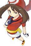  1girl bandana bike_shorts bike_shorts_under_shorts blue_eyes bright_pupils brown_hair closed_mouth eyelashes fanny_pack finger_to_mouth gloves highres looking_to_the_side may_(pokemon) pokemon pokemon_ruby/sapphire/emerald red_bandana red_shirt shirt shoes shorts simple_background solo thinking tikuwabu_33 white_background white_gloves 
