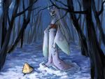  bare_tree blue_eyes colored_sclera commentary_request forest froslass full_body hand_on_own_chest highres horns mega_froslass mega_pokemon nature outdoors panha pokemon pokemon_(creature) pokemon_focus sky snorunt snow standing tree winter yellow_sclera 