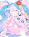  1girl anzen_robo_(474zz) cardigan choker collared_sweater double_v earrings fairy_miku_(project_voltage) flower hatsune_miku heart heart_choker highres jewelry jigglypuff neckerchief one_eye_closed pearl_earrings pink_background pink_cardigan pink_choker pink_nails pink_shoes pink_sweater pokemon project_voltage scrunchie shoes sticker_on_leg sweater v vocaloid white_neckerchief wrist_scrunchie yellow_flower yellow_scrunchie 