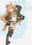  1girl absurdres animal_ears belt bomber_jacket boots bow brown_boots brown_bow brown_thighhighs commentary_request contrail crop_top dog_tags ear_bow english_text green_belt green_jacket hair_between_eyes highres horse_ears horse_girl horse_tail jacket jewelry long_hair lower_teeth_only mayano_top_gun_(scramble_zone)_(umamusume) mayano_top_gun_(umamusume) midriff navel necklace orange_hair orange_tail salute shorts shunka_shuto signature simple_background solo tail teeth thighhighs two_side_up umamusume walking white_background white_shorts yellow_eyes 