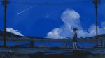  1girl absurdres artist_name ayin_(pixiv_125482608) backpack bag bicycle bird bird_on_power_lines black_bag black_shoes black_skirt brown_hair city city_lights cloud commentary dated english_commentary facing_away from_side full_body highres lake landscape medium_hair night original outdoors path plaid_clothes plaid_skirt pleated_skirt ponytail power_lines pushing_bicycle scenery school_uniform shirt shoes shooting_star short_sleeves skirt sky socks solo standing star_(sky) starry_sky summer utility_pole walking white_shirt white_socks 