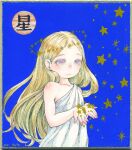  1girl blonde_hair commentary_request dress expressionless highres long_hair original purple_eyes sato_(osappun) shikishi solo star_(sky) star_wreath traditional_media white_dress 