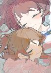  2girls ahoge artist_name blue_pajamas brown_hair close-up closed_eyes commentary copyright_notice dot_nose from_above gakuen_idolmaster gradient_hair hanami_saki hanami_ume highres idolmaster light_blush light_smile long_hair multicolored_hair multiple_girls onigiri_(vuhz5735) pajamas pink_pajamas red_hair siblings sisters sleeping straight_hair two-tone_hair untranslatable_commentary watermark 